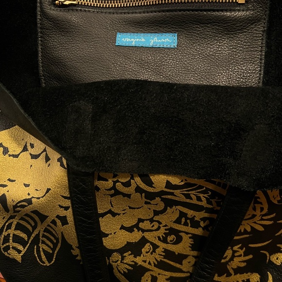 Baggu Black Leather Unlined Tote Bag Virginia Johnson Collab Gold Phoenix - Picture 3 of 4